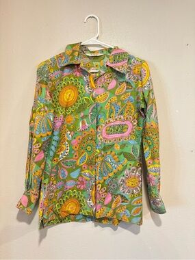 Vintage Lady Manhattan Psychedelic Floral Mod Button Front Blouse Size 8